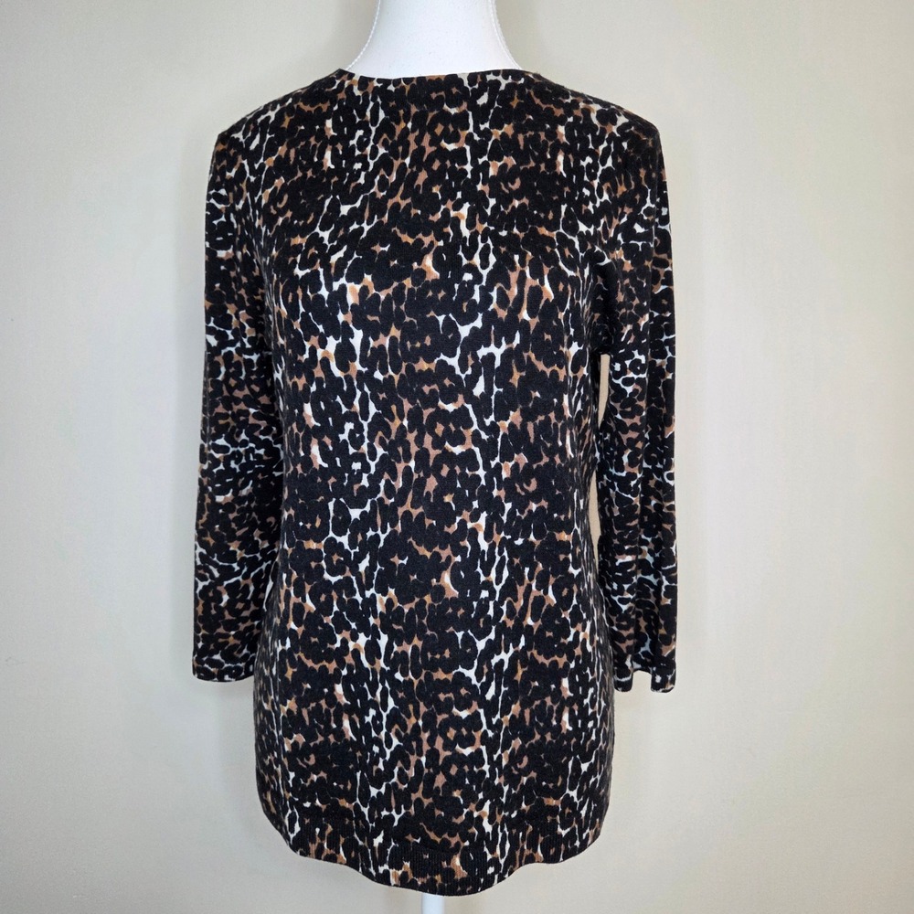 Talbots Womens Merino Wool Leopard Print Crew Neck Sweater Black Brown Large